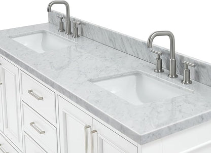 ARIEL Stafford 72-inch Bathroom Vanity with Sink,Solid Wood, 1.5-inch Italian Carrara Marble Countertop, Double Rectangular Porcelain Sink, 4 Soft Closing Doors, 6 Dovetail Drawers, White