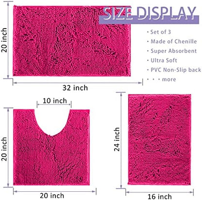 Deep Pink Plush Bath Set - 3 Piece Anti-Slip Mats, Soft Chenille Shaggy Mat for Bathroom, Bedroom & Living Room, Water Absorbent