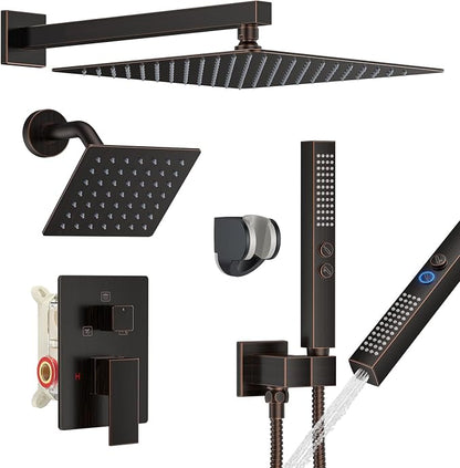 Rain Shower System 12" & 6" Dual Shower Heads, Wall Mount Shower Faucet Set | Ideal for bathroom remodels and upgrades with 12" rain shower, 6" angled shower, handheld spray and complete valve kit.