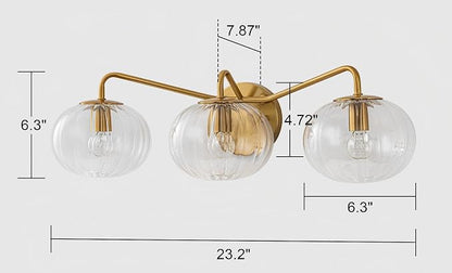 Lingkai Bathroom Light Fixtures,3 Lights Brushed Brass Vanity Light,Modern Wall Sconce with Clear Striped Glass Shade,Bathroom Vanity Lights Over Mirror for Hallway Picture Wall Lighting Living
