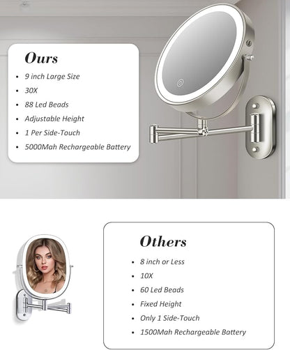9'' 30X/1X Wall Mounted Height Adjustable Lighted Magnifying Makeup Mirror | 5000mAh Rechargeable Bathroom Mirror with 3 Color Modes Light, Extended Arm Space Saving for Apartment, Hotel, Rental House