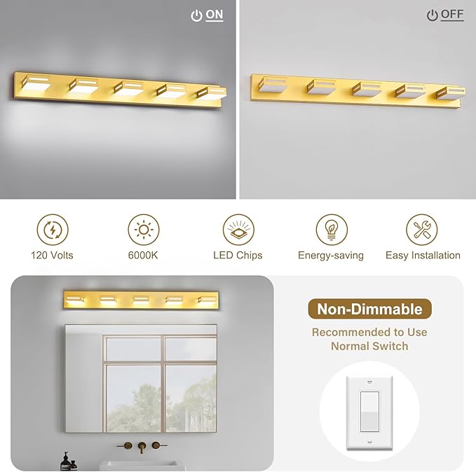 LED Modern Bathroom Light Fixtures, 5-Light 40-Inch Gold Vanity Lights for Bathroom Lighting Fixtures Over Mirror, 350° Rotatable Acrylic, 6000K Cool White Wall Lamp
