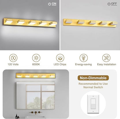 LED Modern Bathroom Light Fixtures, 5-Light 40-Inch Gold Vanity Lights for Bathroom Lighting Fixtures Over Mirror, 350° Rotatable Acrylic, 6000K Cool White Wall Lamp