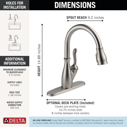Delta Leland Brushed Nickel Kitchen Faucet with Pull Down Sprayer, Traditional Single Hole Kitchen Sink Faucet, Single Handle, SpotShield Stainless 9178-SP-DST