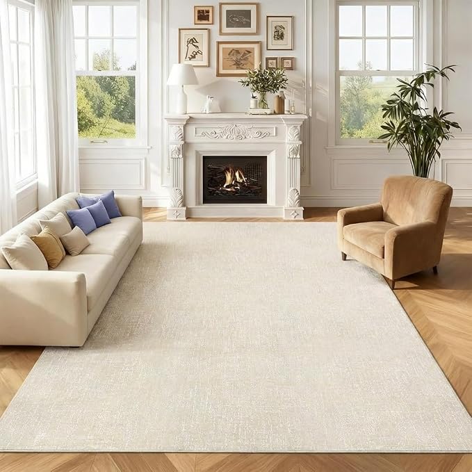 Garvee Large Rugs for Living Room 9x12 Textured Washable Area Rug, Beige | Modern Solid Color Non Slip Backing Low Pile Non Shedding Stain Resistant Minimalist Rug for Dining Room Nursery Bedroom