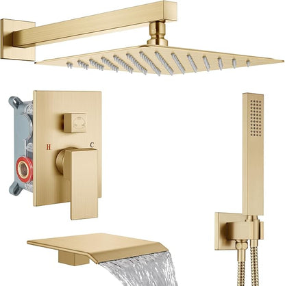 Midanya Shower System with Tub Spout,12 Inch Shower Head,Brushed Gold | with Valve & Trim Kit,Square Rain Head,Handheld Sprayer,Waterfall Spout,All Metal Wall Mount Bathroom Shower Tub Faucet Set