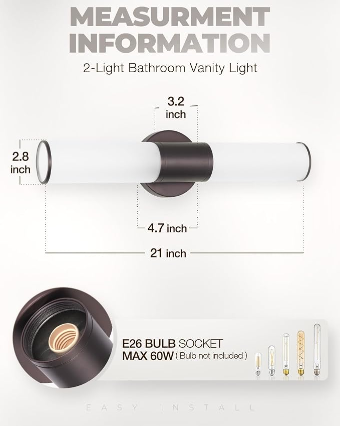 2-Light Bathroom Vanity Lighting Fixture, Oil Rubbed Bronze Wall Sconce with Opal White Glass, E26 Stocket Indoor Wall Lamp, Modern Mirror Light