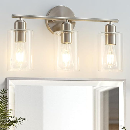 3-Light Bathroom Light Fixtures, Brushed Nickel Bathroom Vanity Lights, Bathroom Lighting Fixtures Over Mirror with Clear Glass Shade, Wall Sconce Light for Bedroom, Living Room and Hallway