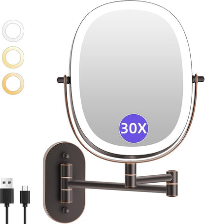FUNTOUCH 5000mAh Rechargeable Wall Mounted Lighted Makeup Mirror, Bronze | Double Sided 30X/1X Magnifying Mirror Wall Mounted,Extended Arm 360°Rotation,Touch Dimmable,3 Color Lights for Bathroom