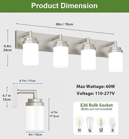 Bathroom Light Fixtures, Brushed Nickel Bathroom Lighting Fixtures Over Mirror, Modern Vanity Light with White Glass Shade, Restroom Lighting Fixtures, 4-Light 30-inch