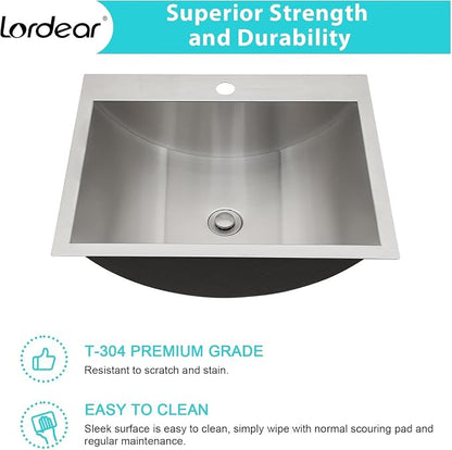 Lordear Stainless Steel Bathroom Sink 20x17 Inch Rectangular 304 Stainless Steel Vanity Topmount Lavatory Sink, Modern Drop In Bathroom Basin with Pop Up Drain Assembly