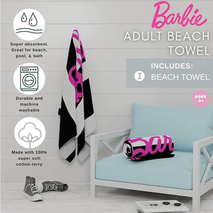 Barbie Barbiecore Black & White Striped Soft Cotton Bath/Pool/Beach Towel, 60 in x 30 in, (Official Licensed Barbie Product) By Franco