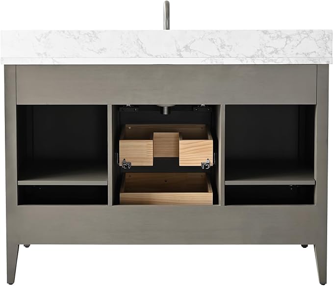 Vanity Art 48 inch Bathroom Vanity with Single Sink & Ceramic Top, Vanity Cabinet with Soft-Closing Door, Solid Wood Frame, Linear Pattern, Driftwood Gray, VA9148-DG-MB,Matte Black Handles