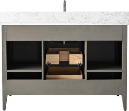 Vanity Art 48 inch Bathroom Vanity with Single Sink & Ceramic Top, Vanity Cabinet with Soft-Closing Door, Solid Wood Frame, Linear Pattern, Driftwood Gray, VA9148-DG-MB,Matte Black Handles