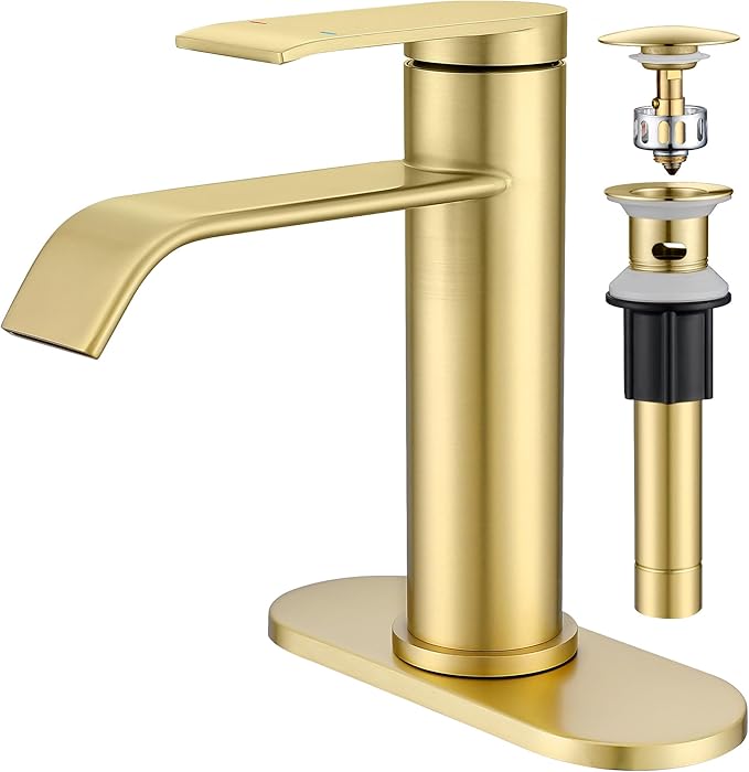 GAGALIFE Bathroom Faucet 1 Hole - Brushed Gold Bathroom Sink Faucet with Metal Pop-up Drain Supply Lines and Deck, Modern Waterfall Bathroom Faucets Single Handle, JJL-MP-7001BG