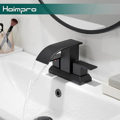 Hoimpro 3 Holes 4 Inch Bathroom Faucet,4" Centerset Vanity Waterfall Bathroom Sink Faucet 2 Hole Two Handles cUPC Supply Hoses Pop Up Drain Matte Black