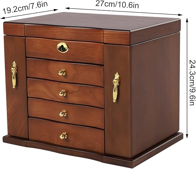 Extra Large 5 Layers Wooden Jewelry Box Jewelry Case Cabinet Armoire Ring Necklacel Gift Storage Box Organizer(5 Layers,W/mirror,Brown)
