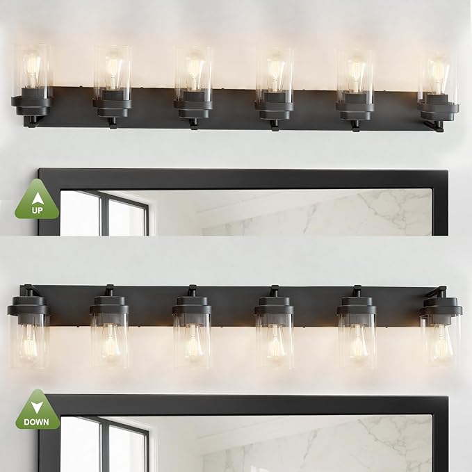 Black Bathroom Light Fixtures, 6 Lights Bathroom Lighting Fixtures Over Mirror, Square Design & Rectangle Large Backplate, Modern Vanity Lighting Fixtures, for Bathroom/Living Room/Bedroom