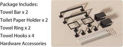10-Piece Square Bathroom Hardware Set 24" Towel Bar X2, Toilet Paper Holders with Shelves X2, Towel Hooks X4, 2X Towel Rings X2 Bathroom Accessories (Matte Black-16inch)