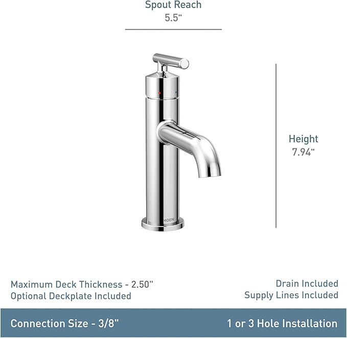 Moen Gibson One-Handle Single Hole Modern Bathroom Sink Faucet with Optional Deckplate, Matte Black, 6145BL
