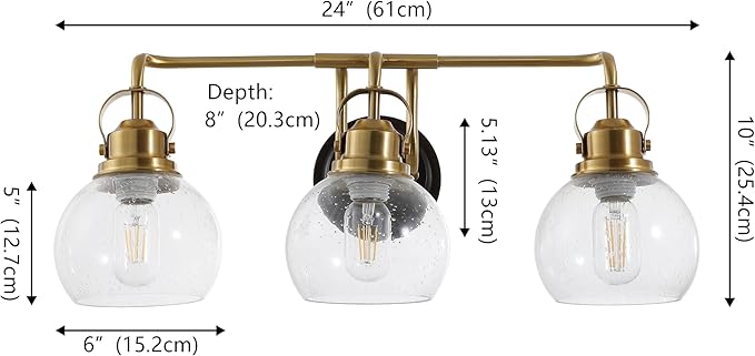JONATHAN Y 24" Brass Gold/Oil Rubbed Bronze Shirley 3-Light Bathroom Vanity Light, Metal Wall Sconce, Clear Seeded Glass Shade, Modern Transitional Farmhouse Fixture, LED Bulbs Included (JYL7405B)