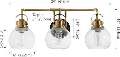 JONATHAN Y 24" Brass Gold/Oil Rubbed Bronze Shirley 3-Light Bathroom Vanity Light, Metal Wall Sconce, Clear Seeded Glass Shade, Modern Transitional Farmhouse Fixture, LED Bulbs Included (JYL7405B)