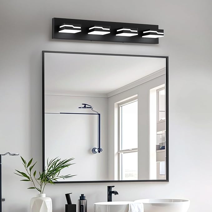 LED Modern Bathroom Vanity Light Fixtures 4-Light, 25.5 inch Dimmable Black Vanity Lights for Bathroom Lighting Fixtures Over Mirror, with 350°Rotatable Acrylic Heads(White Light 5500K)