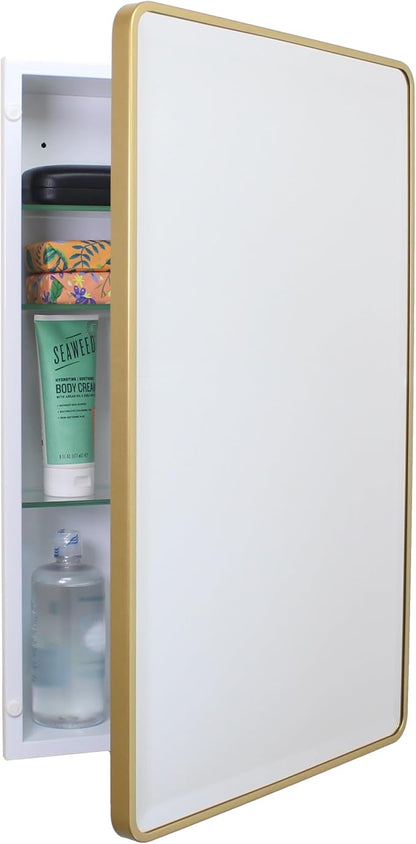 16x26 Austin Farmhouse Metal Framed Rounded Rectangle Recessed Bathroom Medicine Cabinet, Beveled Mirror, 14x24 in-Wall Opening, powder-coated Steel, Adjustable Glass Shelves, Magnet Close, Gold