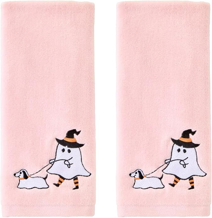 SKL Home Halloween Ghost Walking Dog Hand Towel Set-2pc, 100% Cotton, Pink | Soft, embroidered velour. Great for the bathroom, kitchen or bar & gifting.