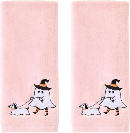 SKL Home Halloween Ghost Walking Dog Hand Towel Set-2pc, 100% Cotton, Pink | Soft, embroidered velour. Great for the bathroom, kitchen or bar & gifting.