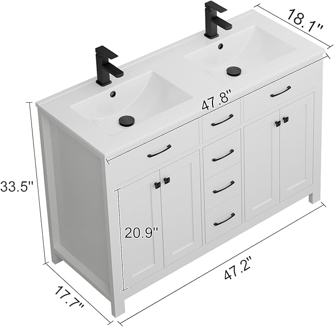 LUCKWIND 48" Modern Bathroom Vanity and Sink, Painted Bathroom Storage Cabinet with Double Sink, Four Doors and Three Drawers, Include Faucet Without Mirror, White