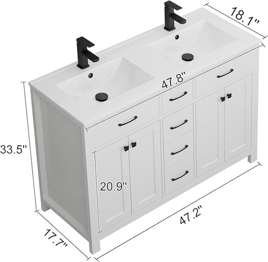 LUCKWIND 48" Modern Bathroom Vanity and Sink, Painted Bathroom Storage Cabinet with Double Sink, Four Doors and Three Drawers, Include Faucet Without Mirror, White