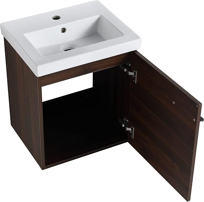 Malwee 18" Floating Bathroom Vanity with Sink, 18 Inch Wall Mounted Bath Cabinet Single Sink Combo for Small Space, with 1 Soft Close Door and White Ceramic Basin Top, Space-Saving Design (017-CAW)