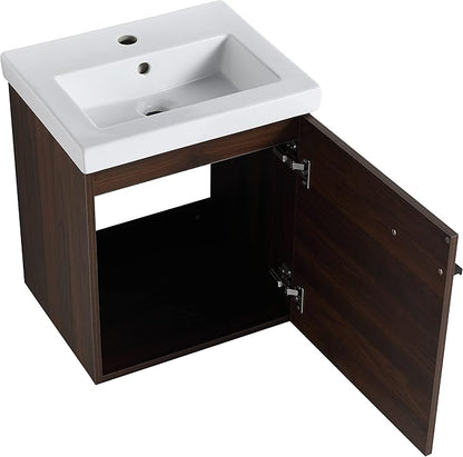 Malwee 18" Floating Bathroom Vanity with Sink, 18 Inch Wall Mounted Bath Cabinet Single Sink Combo for Small Space, with 1 Soft Close Door and White Ceramic Basin Top, Space-Saving Design (017-CAW)