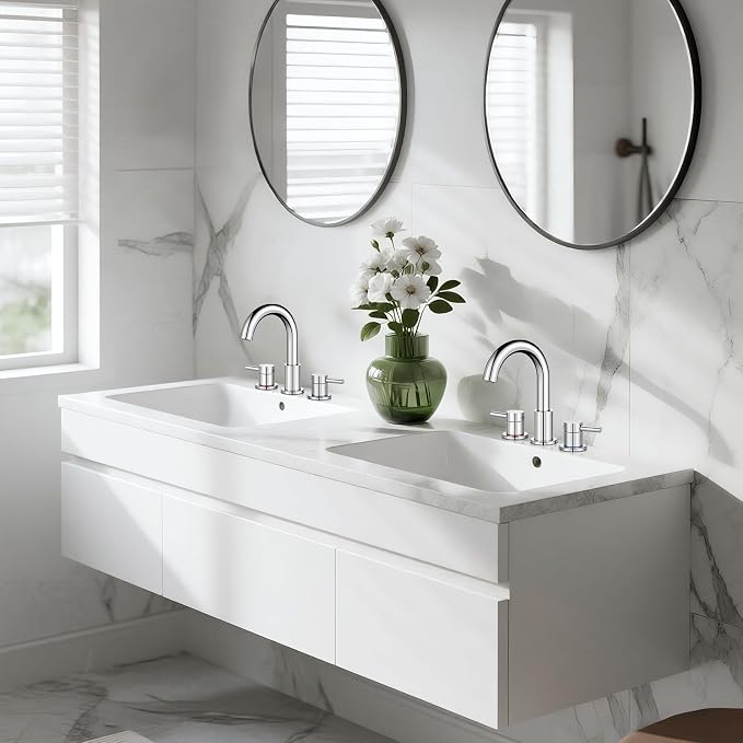 Chrome 8 Inch Widespread Bathroom Faucet 3 Hole with Pop-up Drain | 2 Handle, 8 Inch 3 Hole Sink, 360° Swivel Spout, RV Vanity, Quick Connect, Supply Hoses, NSF372 NSF61 cUPC