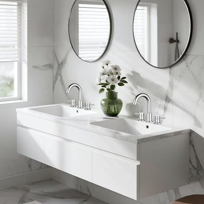 Chrome 8 Inch Widespread Bathroom Faucet 3 Hole with Pop-up Drain | 2 Handle, 8 Inch 3 Hole Sink, 360° Swivel Spout, RV Vanity, Quick Connect, Supply Hoses, NSF372 NSF61 cUPC