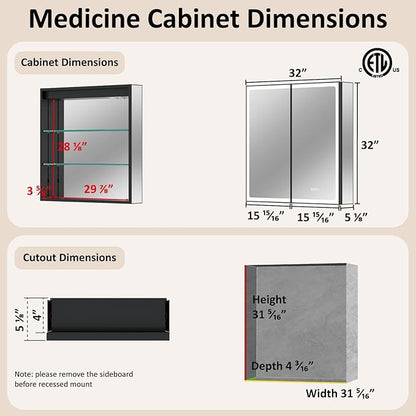 32x32 Inch Led Lighted Medicine Cabinet with Mirror, Recessed or Surface Mount Bathroom Medicine Cabinet, Anti-Fog, Adjustable Shelf, Dimmable Light, Outlets & USB, ETL Listed, Black