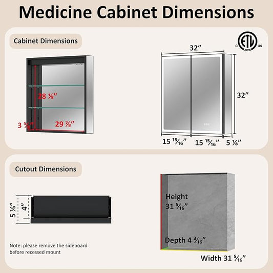 32x32 Inch Led Lighted Medicine Cabinet with Mirror, Recessed or Surface Mount Bathroom Medicine Cabinet, Anti-Fog, Adjustable Shelf, Dimmable Light, Outlets & USB, ETL Listed, Black