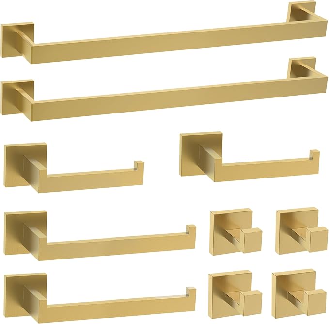 TURS Brushed Gold 10-Piece Bathroom Hardware Set Towel Bar Set SUS304 Stainless Steel Towel Racks for Bathroom Wall Mounted, 23.6-Inch