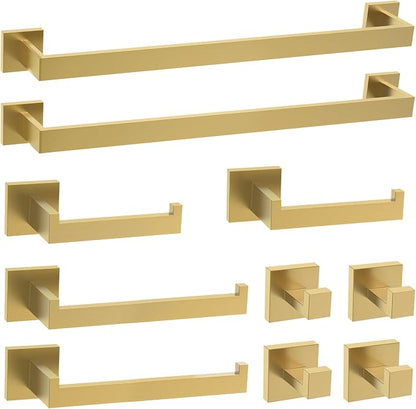 TURS Brushed Gold 10-Piece Bathroom Hardware Set Towel Bar Set SUS304 Stainless Steel Towel Racks for Bathroom Wall Mounted, 23.6-Inch