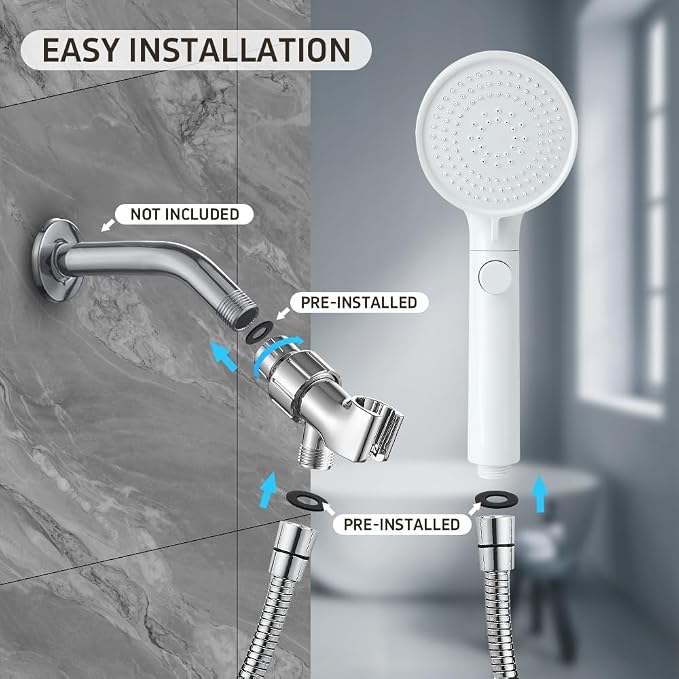 Shower Head with Handheld with ON/Off Switch 3 Modes, White | High Pressure Shower Head with Hose, White Panel, 60inches Hose