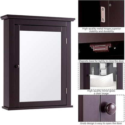 Tangkula Bathroom Cabinet with Mirror, Mirrored Wall-Mounted Storage Medicine Cabinet w/Single Door & Adjustable Shelf in 5 Positions, Multipurpose Wall Cabinet for Bathroom (Brown)