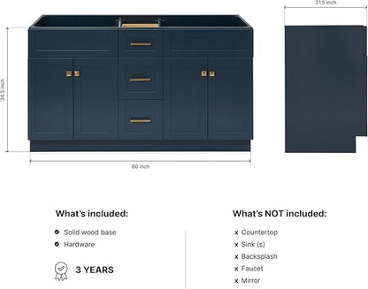 ARIEL Hamlet 60-inch Bathroom Vanity Base Cabinet,Solid Wood, 4 Soft Closing Doors, 3 Dovetail Drawers, Satin Brass, Midnight Blue