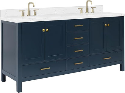 ARIEL Cambridge 72-inch Bathroom Vanity with Sink,Solid Wood, 1.5-inch Carrara White Quartz Countertop, Double Oval Porcelain Sink, 4 Soft Closing Doors, 6 Dovetail Drawers, Midnight Blue