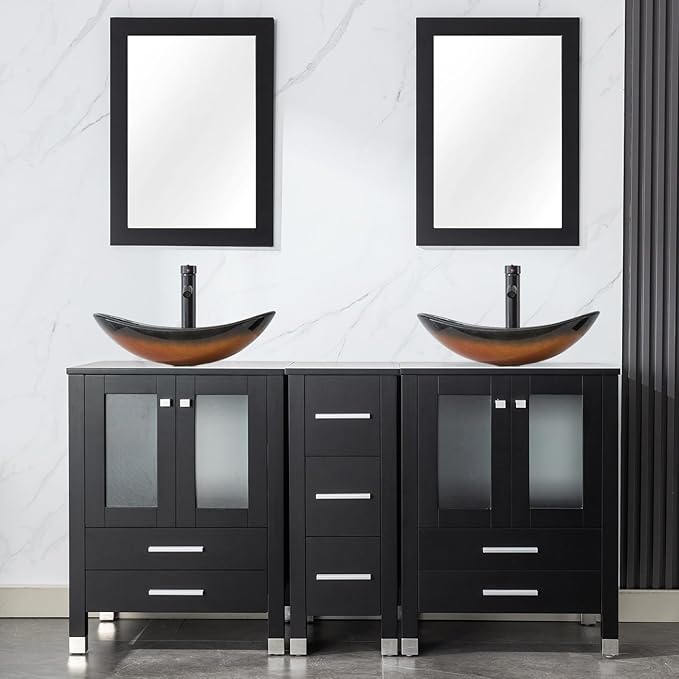 LUCKWIND 60" Double 24" Bathroom Vanity with Sink Combo, Elegant Series with One 12.6-in Side Cabinet, Painted Frame, Including Brown Boat Sinks, Faucets Without Mirrors, Black