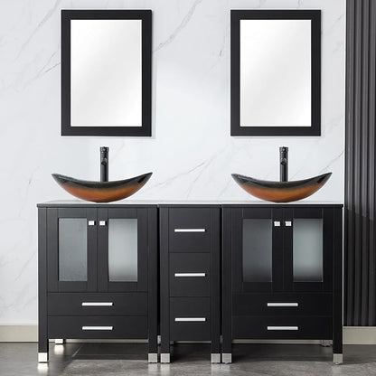 LUCKWIND 60" Double 24" Bathroom Vanity with Sink Combo, Elegant Series with One 12.6-in Side Cabinet, Painted Frame, Including Brown Boat Sinks, Faucets Without Mirrors, Black