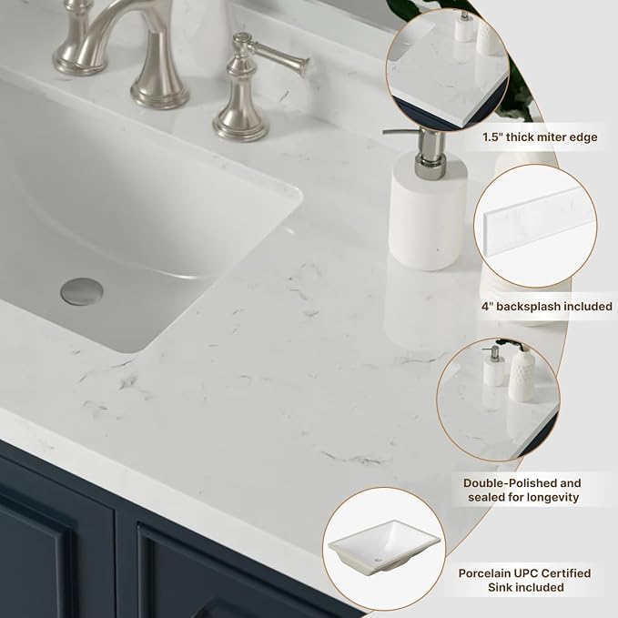 ARIEL 36 inch Bathroom Vanity top with Sink, 1.5 Inch Thick Miter Edge Carrara White Quartz top, Left Offset Vanity top with Rectangle Porcelain Sink, Includes Backsplash