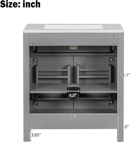 Harper & Bright Designs 60" Bathroom Vanity Set with Double Sink, Vanity Cabinet with Flip Drawer, 2 Doors, and Adjustable Shelf, Solid Wood Bathroom Cabinet with Ceramic Basin for Bathroom, Grey