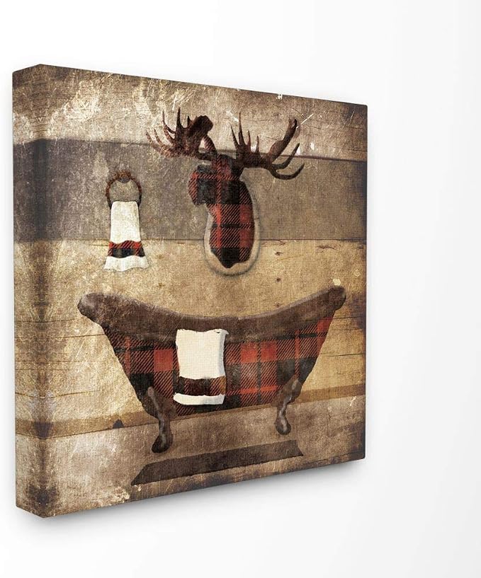 Stupell Industries 'Plaid Cabin Bathroom Country Wood Textured'| Canvas Art | Stupell Industries | 24 x 24 Inches, Easy to Hang and Sturdy, Made in USA, by Lauren Gibbons
