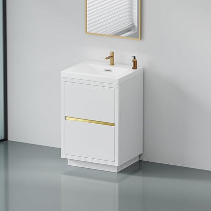 24 Inch Bathroom Vanity with Sink, Single Sink Bathroom Vanity, Freestanding Vanity Bathroom Soft Closed 2 Drawers, Integrated Sink (Glossy White)